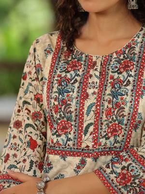 Cream ethnic motifs printed sequinned pure cotton a-line kurta 3