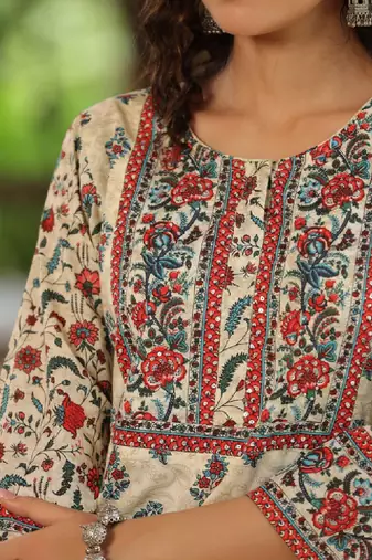 Cream ethnic motifs printed sequinned pure cotton a-line kurta