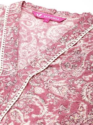 Peach jaipuri printed v neck a line pure cotton kurta 2