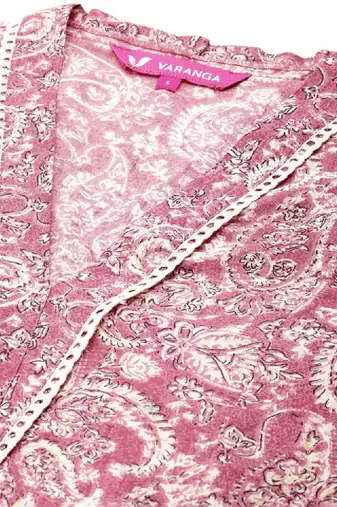 Peach jaipuri printed v neck a line pure cotton kurta