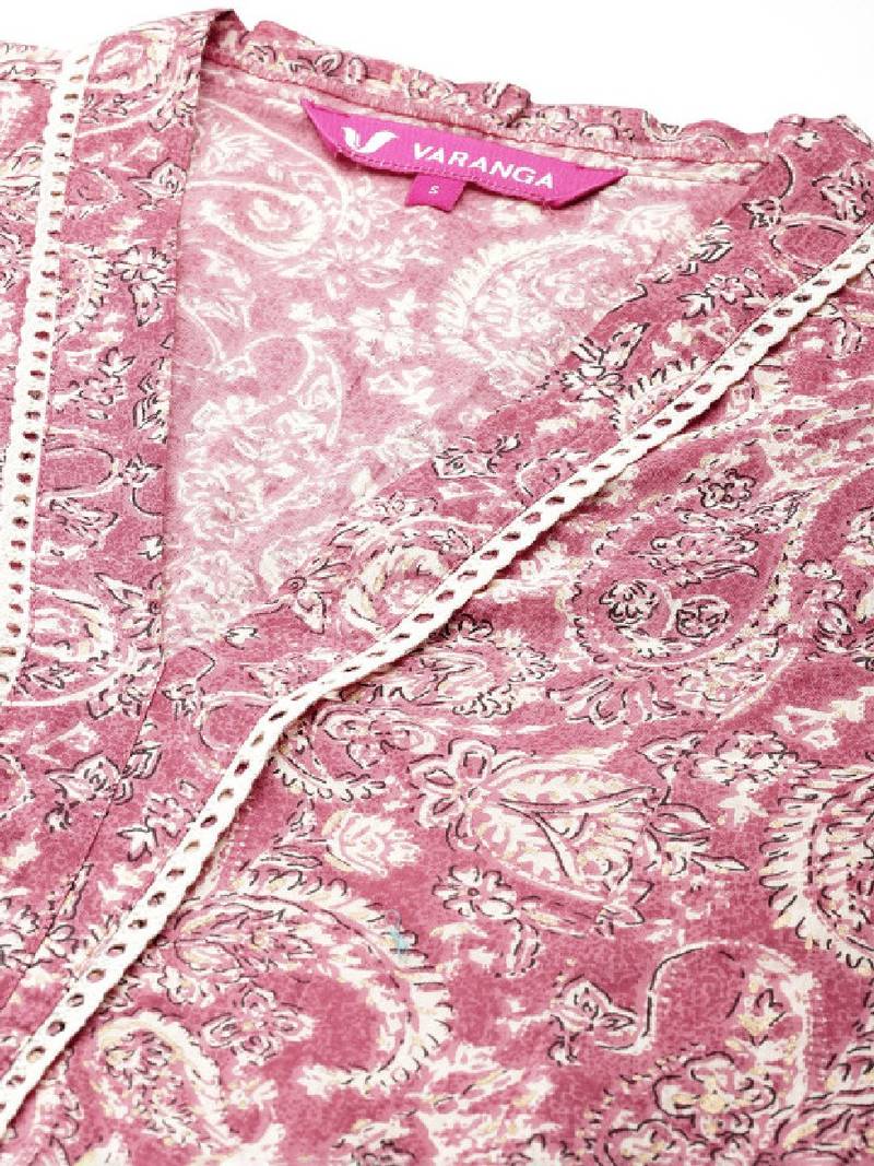 Peach jaipuri printed v neck a line pure cotton kurta