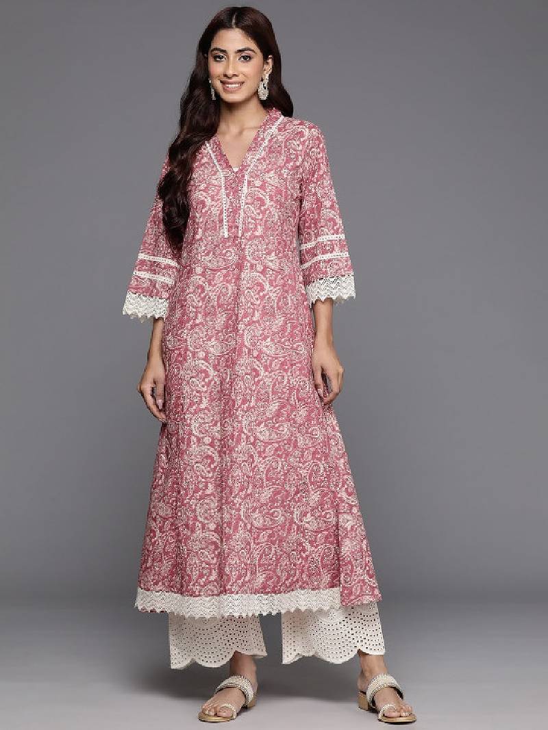 Peach jaipuri printed v neck a line pure cotton kurta