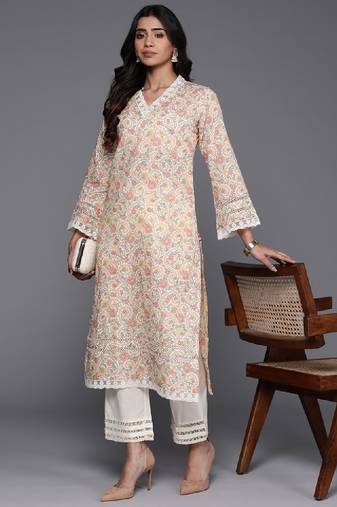Off white ethnic floral printed v neck flared sleeves lace pure cotton kurta