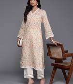 Off white ethnic floral printed v neck flared sleeves lace pure cotton kurta