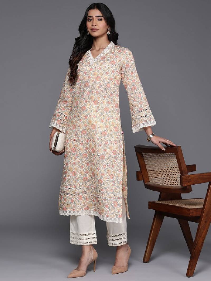 Off white ethnic floral printed v neck flared sleeves lace pure cotton kurta