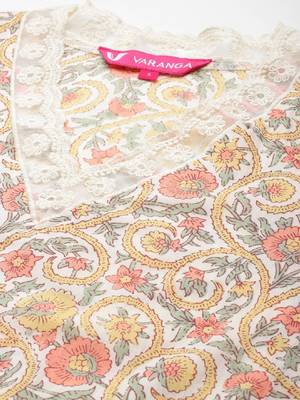 Off white ethnic floral printed v neck flared sleeves lace pure cotton kurta 2