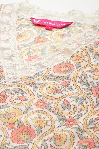 Off white ethnic floral printed v neck flared sleeves lace pure cotton kurta