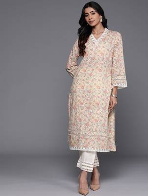 Off white ethnic floral printed v neck flared sleeves lace pure cotton kurta 3
