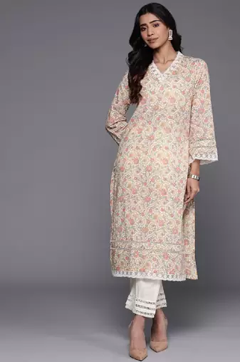 Off white ethnic floral printed v neck flared sleeves lace pure cotton kurta