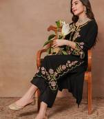 Black floral embroidered round neck long sleeves chikankari straight cotton kurta