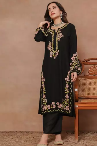 Black floral embroidered round neck long sleeves chikankari straight cotton kurta