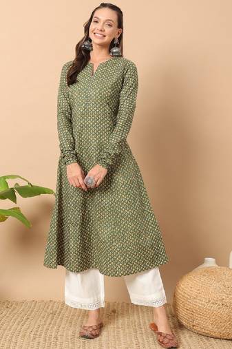 Floral printed notch collar thread work cotton a-line kurta