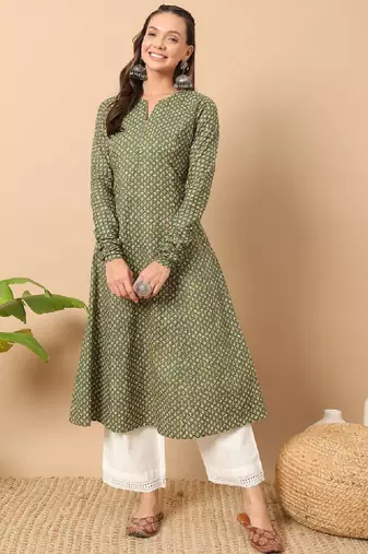 Floral printed notch collar thread work cotton a-line kurta