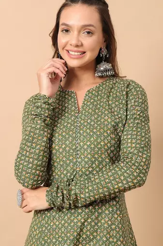 Floral printed notch collar thread work cotton a-line kurta