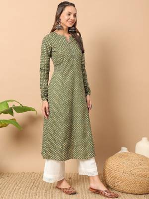 Floral printed notch collar thread work cotton a-line kurta 3