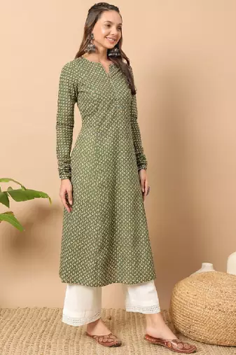 Floral printed notch collar thread work cotton a-line kurta
