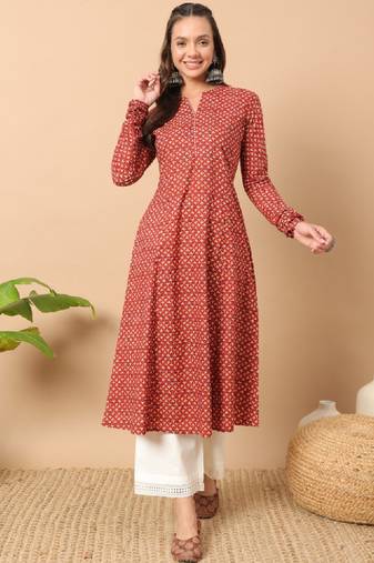 Floral printed notch collar thread work cotton a-line kurta