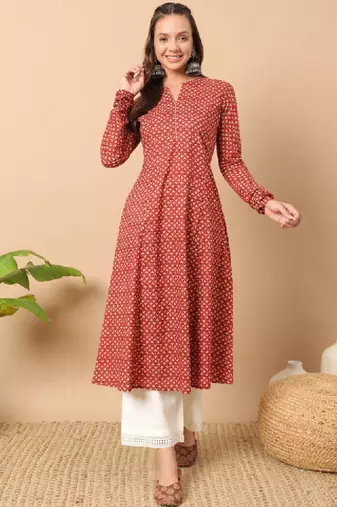 Floral printed notch collar thread work cotton a-line kurta