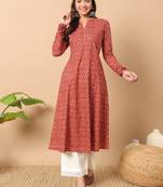 Floral printed notch collar thread work cotton a-line kurta