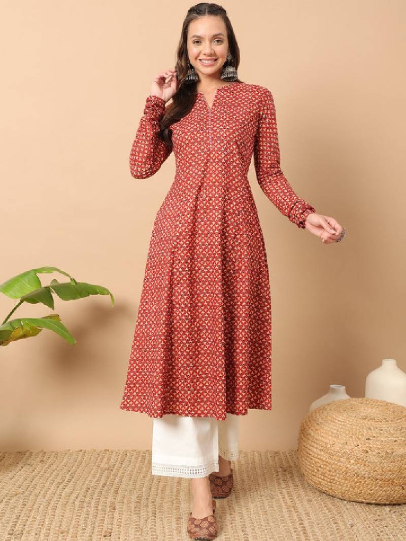 Floral printed notch collar thread work cotton a-line kurta