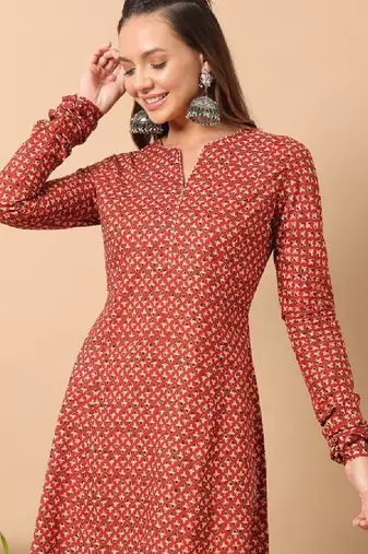 Floral printed notch collar thread work cotton a-line kurta