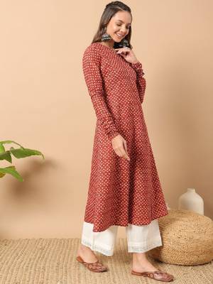 Floral printed notch collar thread work cotton a-line kurta 3