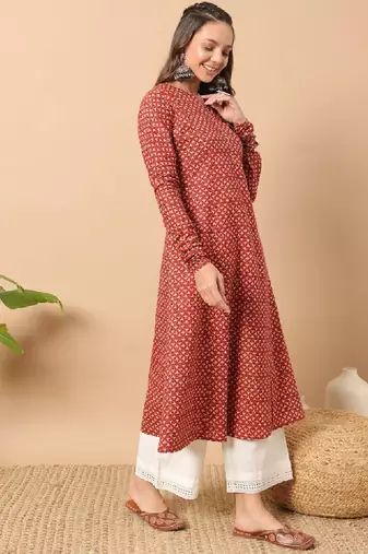 Floral printed notch collar thread work cotton a-line kurta