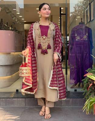 Elegant Beige & Wine Designer Suit with Striped Dupatta 1