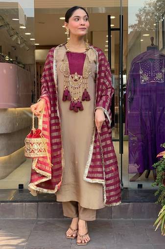 Elegant Beige & Wine Designer Suit with Striped Dupatta