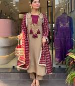 Elegant Beige & Wine Designer Suit with Striped Dupatta