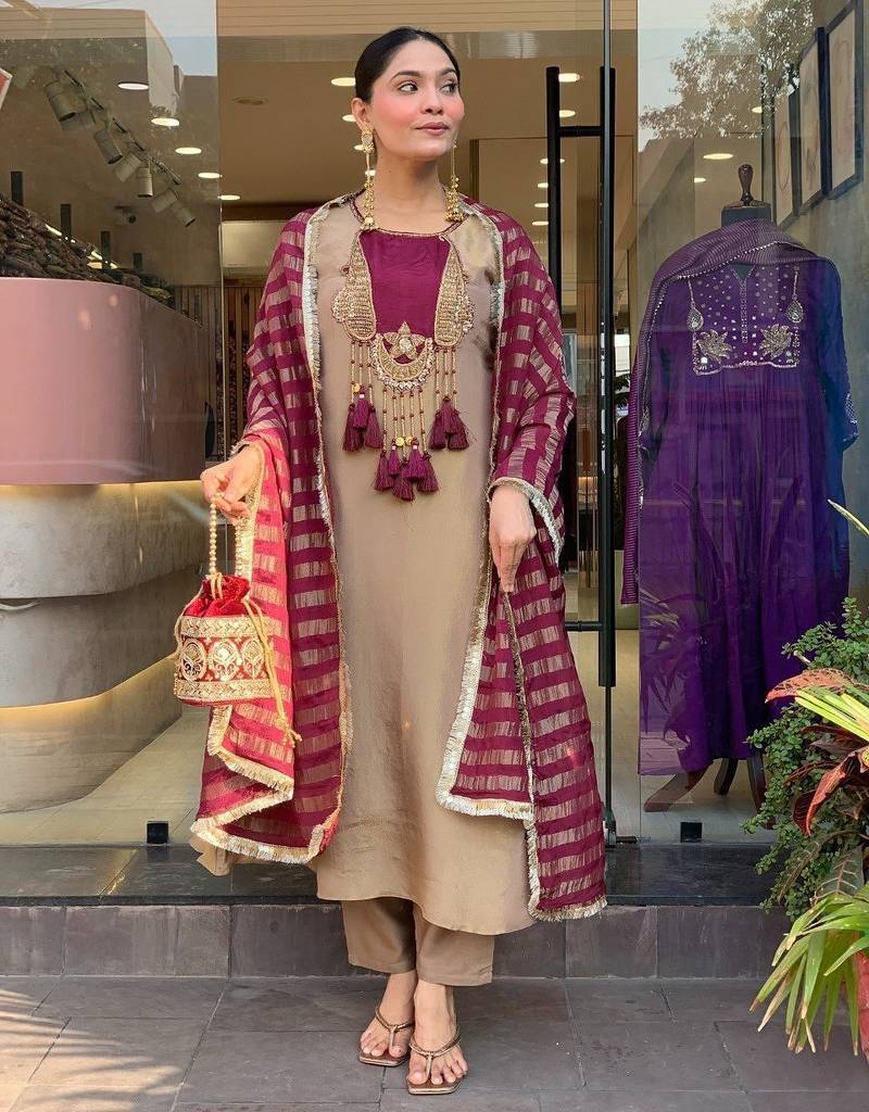 Elegant Beige & Wine Designer Suit with Striped Dupatta