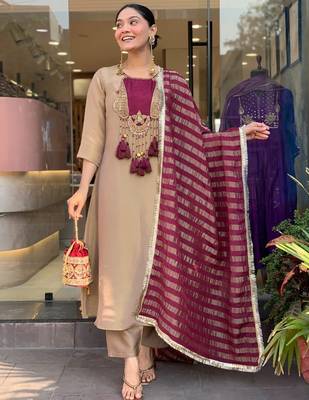 Elegant Beige & Wine Designer Suit with Striped Dupatta 2