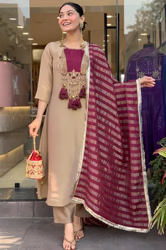 Elegant Beige & Wine Designer Suit with Striped Dupatta