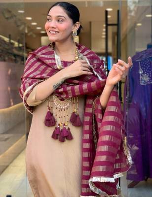 Elegant Beige & Wine Designer Suit with Striped Dupatta 3