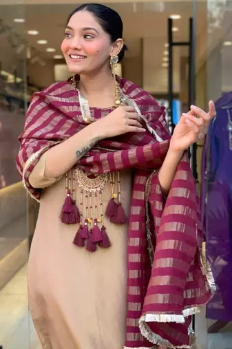 Elegant Beige & Wine Designer Suit with Striped Dupatta
