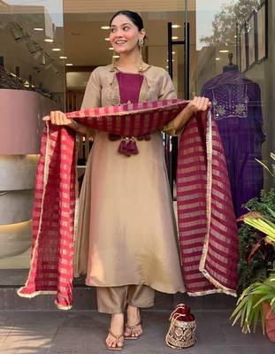 Elegant Beige & Wine Designer Suit with Striped Dupatta 4