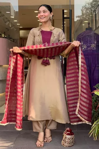 Elegant Beige & Wine Designer Suit with Striped Dupatta