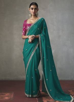 cyan silk blend sequince designer border party wear saree 1