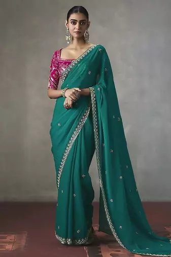 cyan silk blend sequince designer border party wear saree