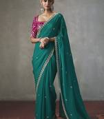 cyan silk blend sequince designer border party wear saree