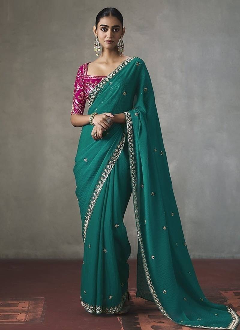 cyan silk blend sequince designer border party wear saree