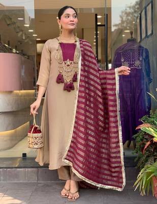 Elegant Beige & Wine Designer Suit with Striped Dupatta 5