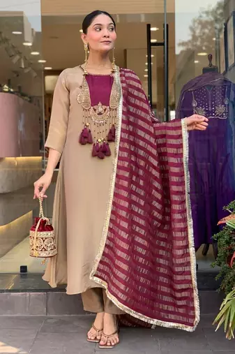 Elegant Beige & Wine Designer Suit with Striped Dupatta