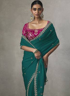 cyan silk blend sequince designer border party wear saree 2
