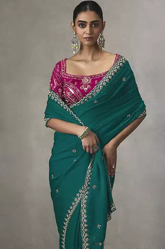 cyan silk blend sequince designer border party wear saree