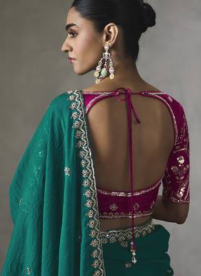 cyan silk blend sequince designer border party wear saree 3