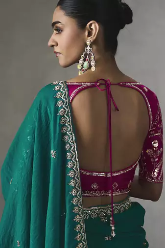 cyan silk blend sequince designer border party wear saree