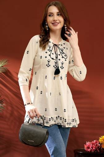 Women embroidered tie-up neck above knee kurta