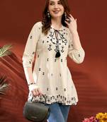 Women embroidered tie-up neck above knee kurta