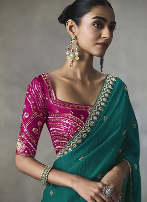 cyan silk blend sequince designer border party wear saree 4